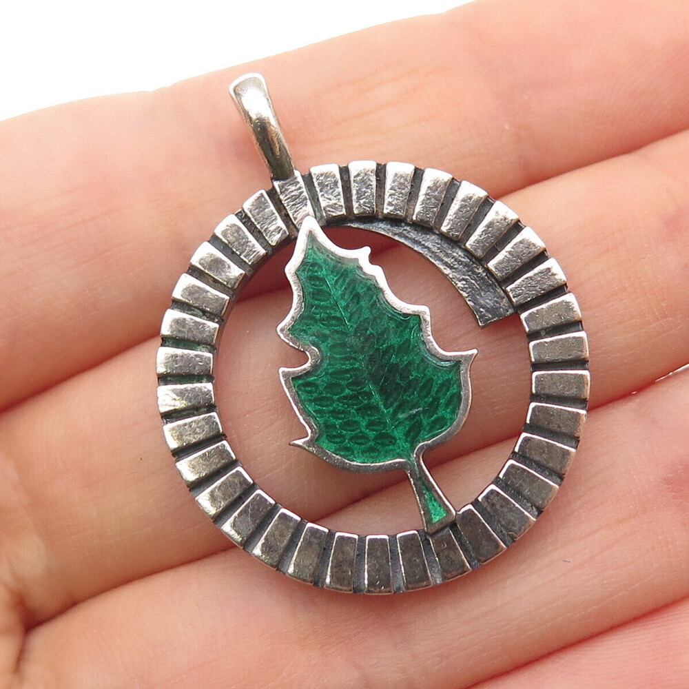 DORFMAN 925 Sterling Silver Vintage Enamel Oak Leaf Oxidized Pendant